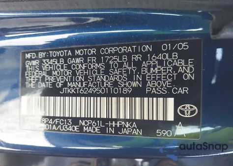 2005 Scion Xa z USA, uszkodzony, nr VIN JTKKT624950110189